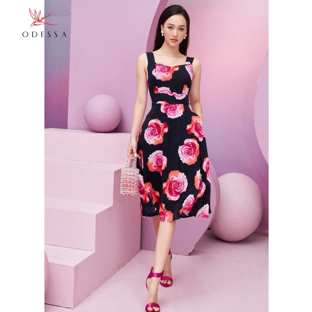 Váy Hoa Hai Dây Vintage Dáng Xòe ODESSA, Chất Liệu Chiffon Mềm Mại Với Hoạ Tiết 3D Hiện Đại Trẻ Trung DK21-100
