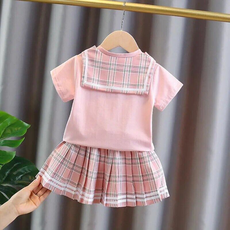 Set Áo Thun Cotton + Chân Váy Caro Xếp Li Cho Bé Gái 2-7 Tuổi