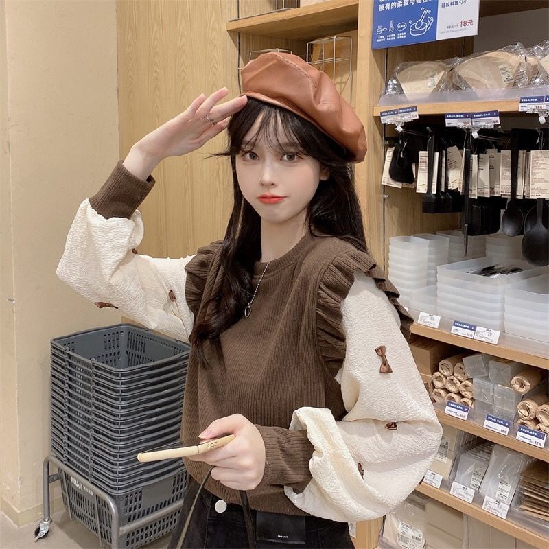 Áo Thun Dệt Kim Tay Dài Dáng Rộng Phong Cách Phương Tây Thời Trang Mùa Thu Cho Nữ