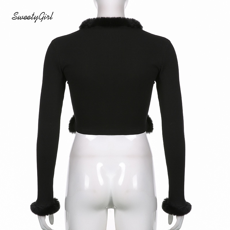 Áo croptop tay dài cổ chữ V màu trơn viền lông thời trang cho nữ