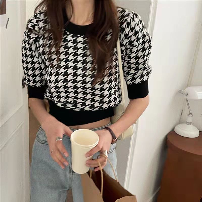 Áo RENJIANVSHENG 175248 tay ngắn họa tiết houndstooth thời trang mùa hè cá tính