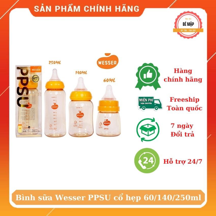 Bình sữa Wesser PPSU cổ hẹp 60ml/140ml/250ml