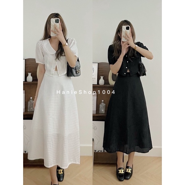 Set 2 món áo croptop cổ bèo và chân váy xòe dáng dài hai lớp