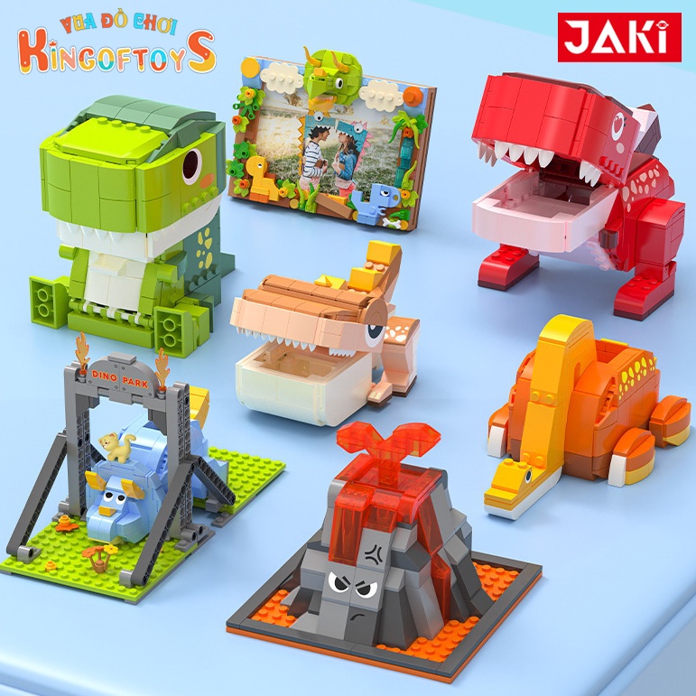 Đồ Chơi Lắp Ráp Kiểu Lego Mô Hình Khủng Long T-REX DINOSAUR JAKI Kiêm Hộp Đựng Bút, Khung Ảnh Để Bàn, Giá Đỡ Sách
