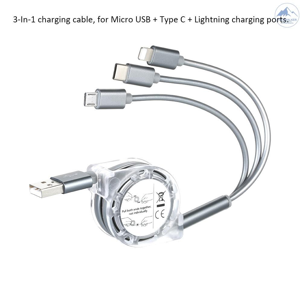 ✪3-In-1 Charging Cable USB to Micro USB + Type C + Lightning Charging Cable Sync Retractable Fast Ch