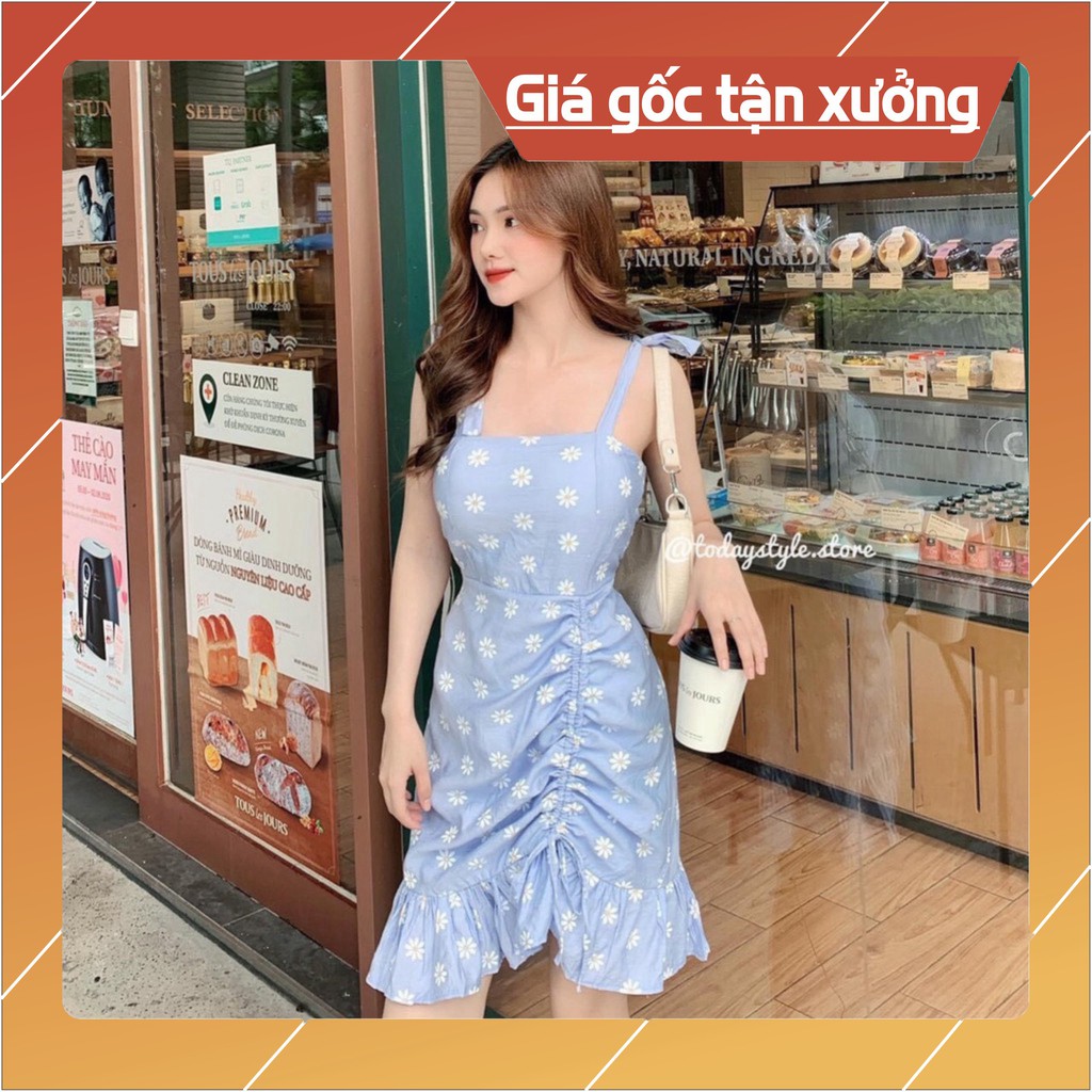 [giảm giá] (có đệm ngực) VÁY HOA 2 DÂY BUỘC NƠ ĐUÔI CÁ DÚM MÀU TÍM XANH - ĐẦM RÚT DÂY ĐÙI HOA CÚC XANH TÍM