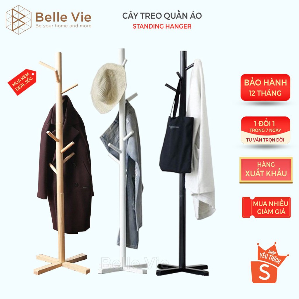 Cây Treo Quần Áo Đứng Gỗ BELLEVIE Móc Quần Áo Gỗ Cao Su Phong Cách Hàn Quốc