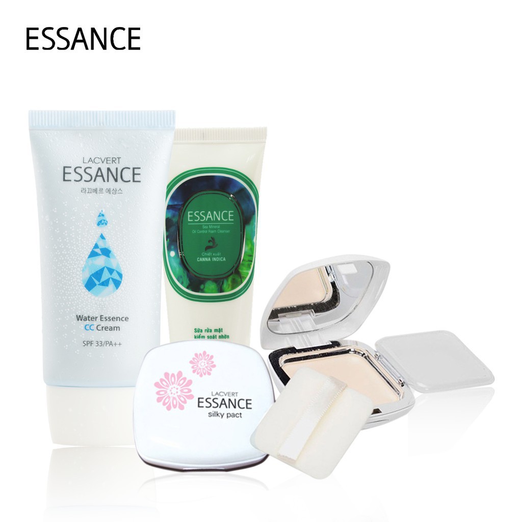 Bộ Makeup đơn giản Essance kem nền sáng da #20, phấn phủ mềm mịn #10, sữa rửa mặt 50g (Chính Hãng)