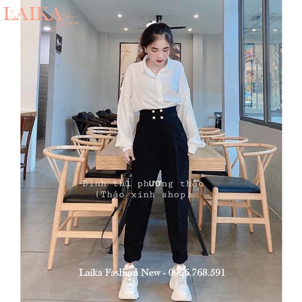 Quần baggy cạp cao công sở nữ phối 4 cúc bấm màu Đen dáng quần tây nữ lưng cao đi học làm công sở vải tuyết mưa dày mềm