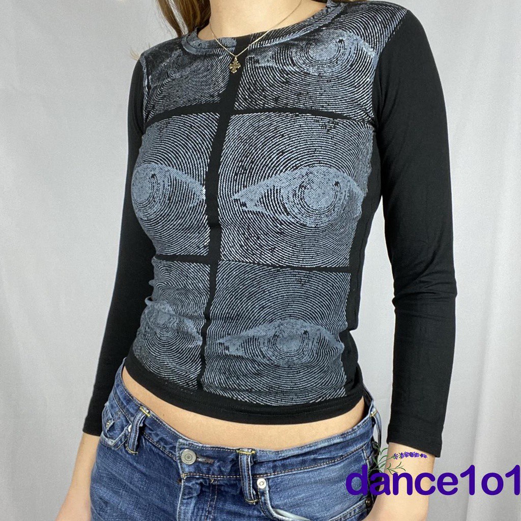 Áo Thun Tay Dài Cổ Tròn Hoạ Tiết Đôi Mắt Thời Trang Mùa Hè Cho Nữ