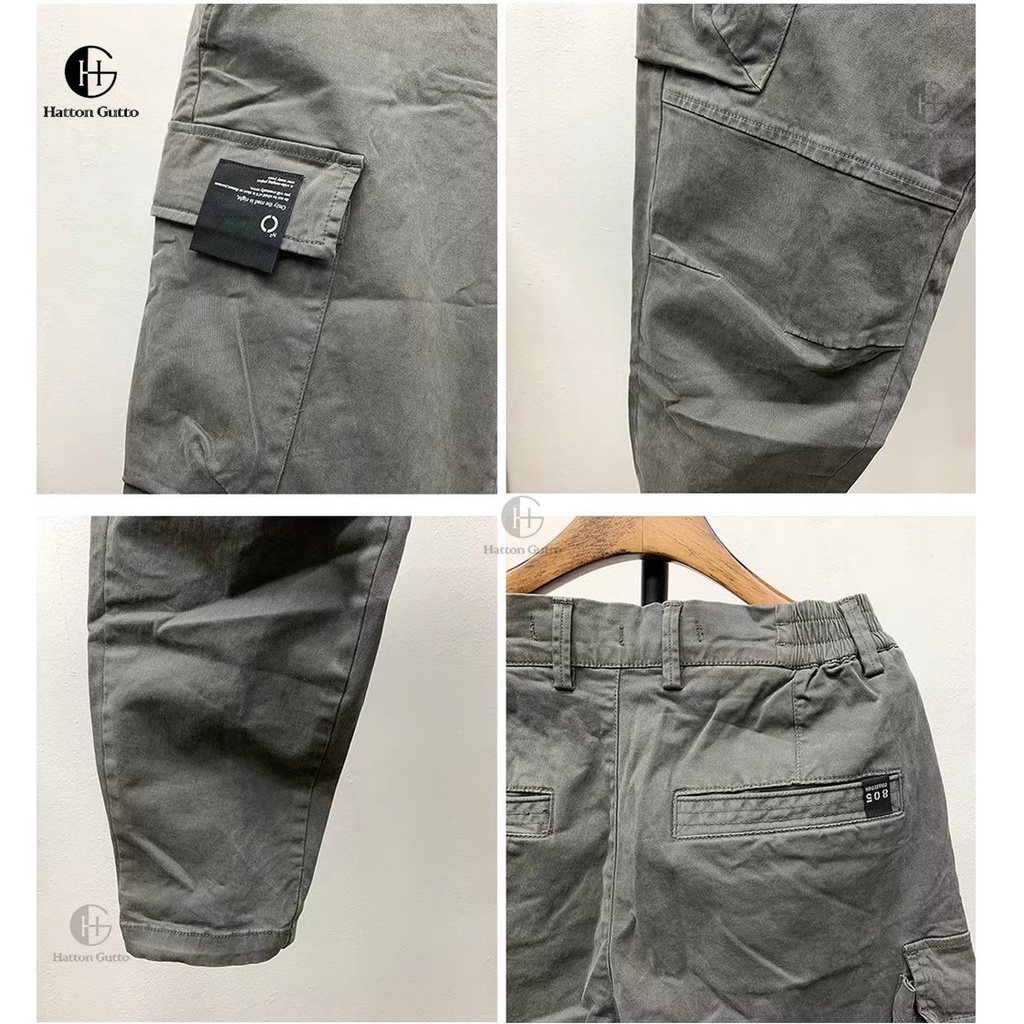 Quần dài chino HATTON GUTTO dáng suông rộng vải cotton lưng thun nhiều túi phong cách Hàn Quốc cho nam
