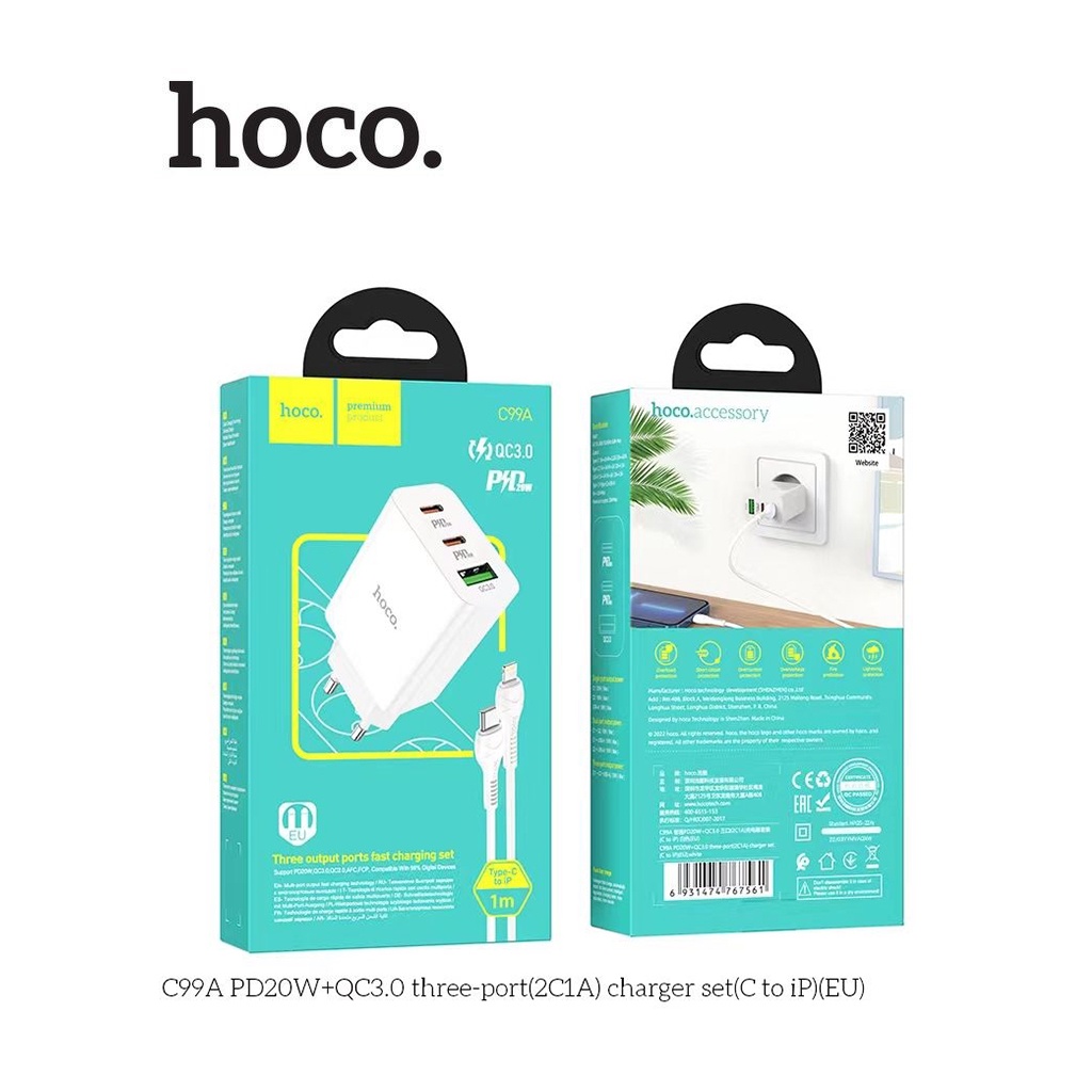 Bộ sạc nhanh Hoco C99A 3 cổng Type-C 20W + Type-C 18W + USB Q.C3.0 kèm cáp sạc Type-C dành cho IP10/11/12/13/14 dài1m