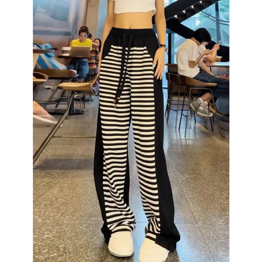 Jiashucheng Quần Ống Rộng Lưng Cao Dáng Suông Cỡ Lớn Kẻ Sọc Màu Tương Phản Phong Cách Mới Cho Nữ