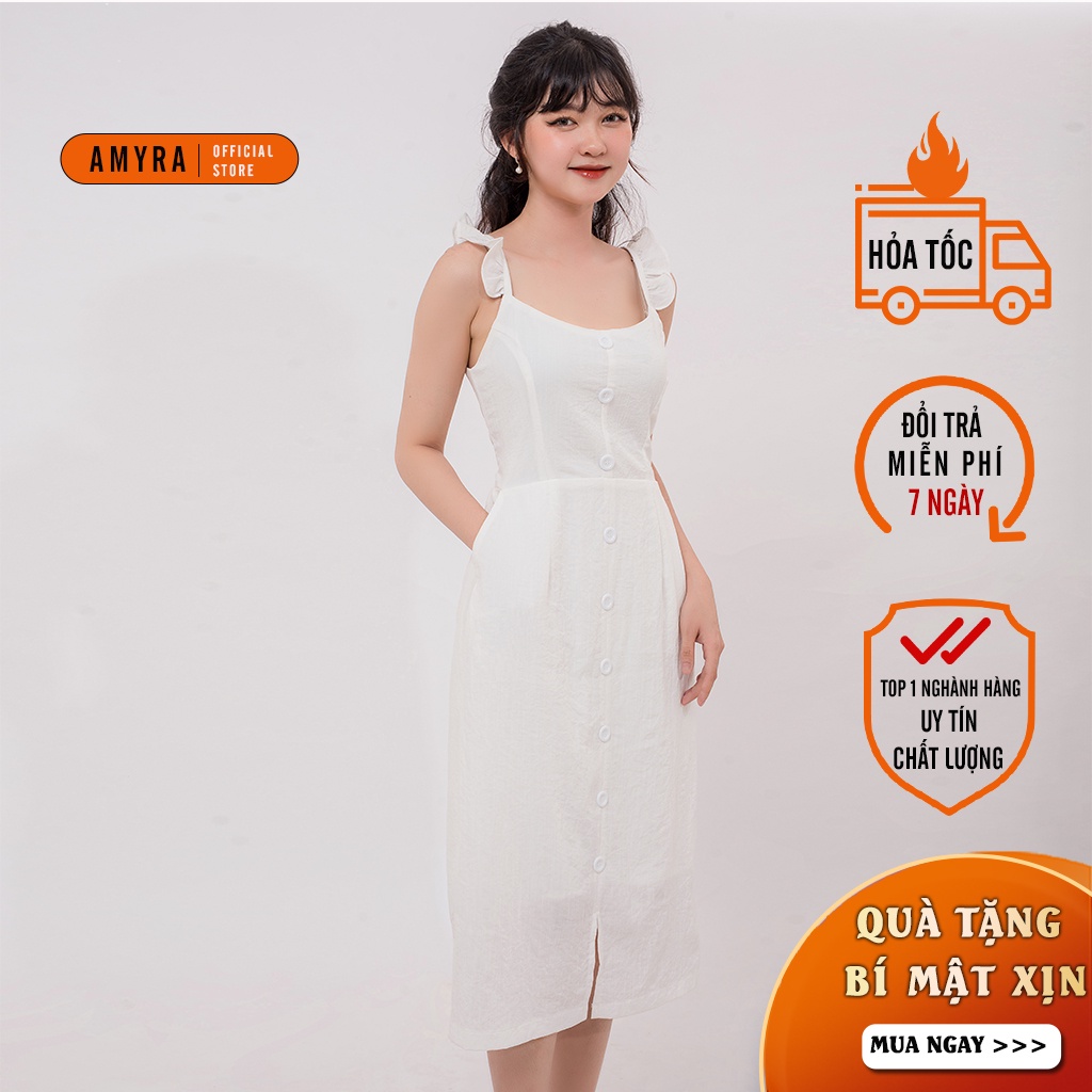 Đầm nữ Trắng Suông Dang A vải Linen cao cấp 2 lớp - Váy 2 Dây kết nút Thiết Kế Dự Tiệc -AMYRA DA060