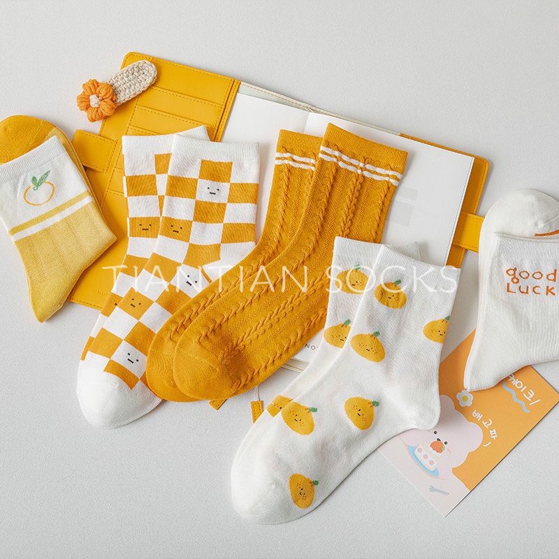 TIAN TIAN T125 Tất nữ cao cổ Vớ cổ vừa in chữ hoạt hình phong cách Harajuku Hàn Quốc cao cấp