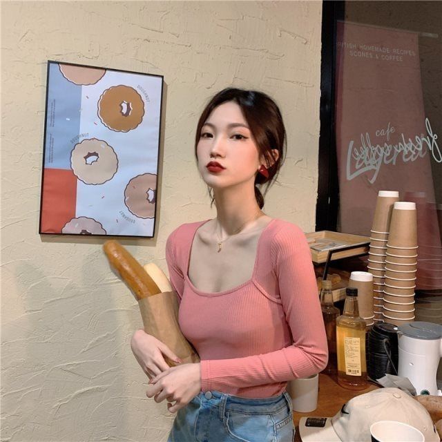 Áo thun COZOK tay dài cổ vuông phong cách Hàn Quốc quyến rũ dành cho nữ