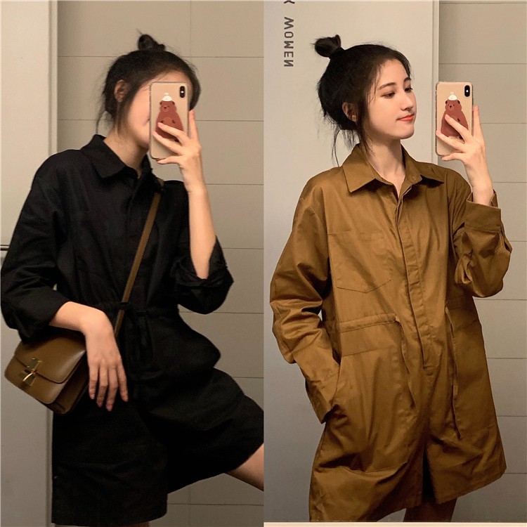 Bộ liền thân jumpsuit bay dính liền tay dài cổ sơ mi quần short ống rộng ngắn ulzzang ( 2 màu ) có big size
