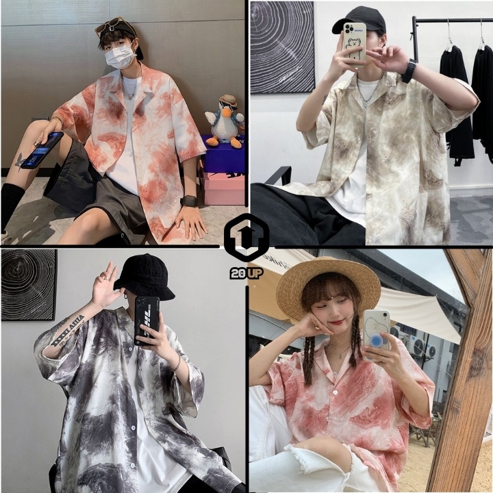 Áo sơ mi nam nữ họa tiết loang màu vân mây cộc tay cổ bẻ form rộng unisex 20UP 50-85kg 100% lụa cao cấp nhẹ thoáng mát