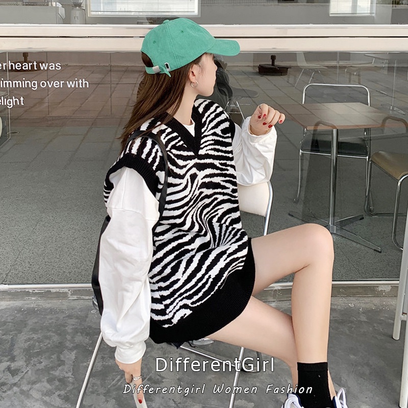 Áo len không tay cổ chữ V họa tiết ngựa vằn phong cách retro | BigBuy360 - bigbuy360.vn