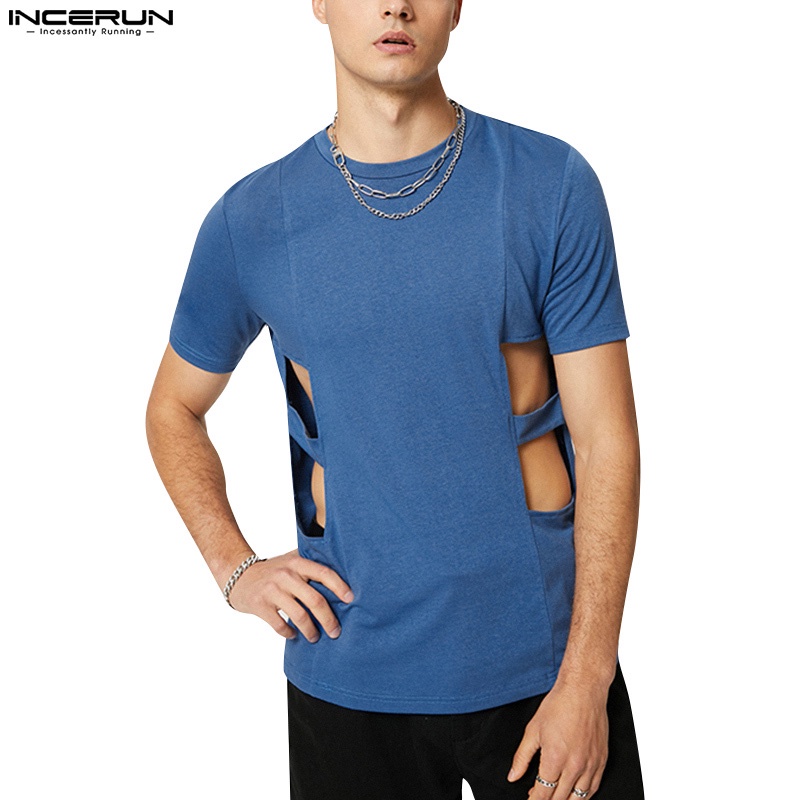 INCERUN Áo Thun Tay Ngắn Cổ Tròn Thiết Kế Lỗ Thời Trang Cho Nam