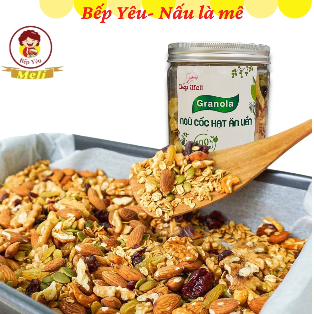 Granola siêu hạt và quả BẾP MELI Ngũ cốc giảm cân thêm xoài sấy, óc chó, dừa khô