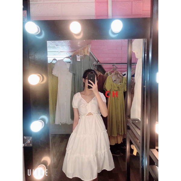 Váy cổ vuông dây rút ngực hở bụng CH12