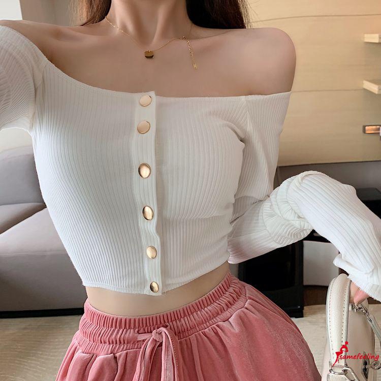 Áo Croptop Tay Dài Trễ Vai Phối Nút Gợi Cảm Cho Nữ
