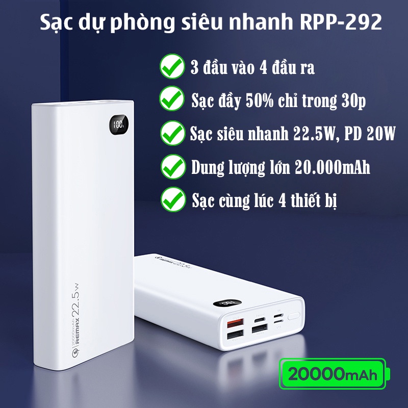 Re max RPP-292 Pin sạc dự phòng 20000mAh 22.5W sạc siêu nhanh hỗ trợ sạc cùng lúc 4 thiết bị