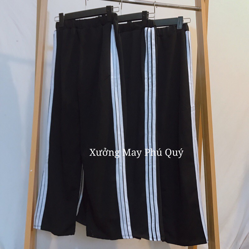 Quần ống xuông rộng 3 sọc trắng, quần cullotes lưng thun 3 line kiểu dáng thể thao | BigBuy360 - bigbuy360.vn