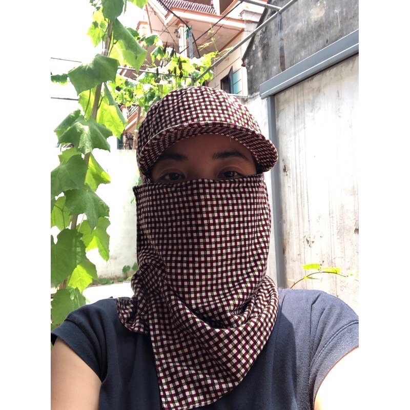 Mũ khẩu trang cotton lạnh hai lớp kẻ ( ảnh thật)