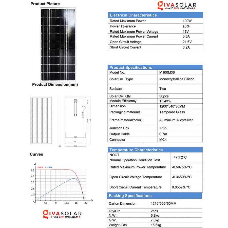 Tấm pin năng lượng mặt trời GIVASOLAR 100W - Hàng chính hãng, tặng Jack MC4