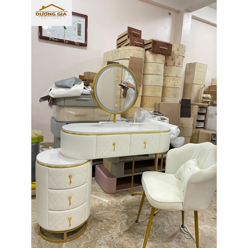 Ghế bàn trang điểm nỉ nhung chân kim loại, có gối nơ