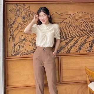 Áo linen nữ JOM cổ cao tay ngắn nhún giữa trẻ trung năng động Edso77170