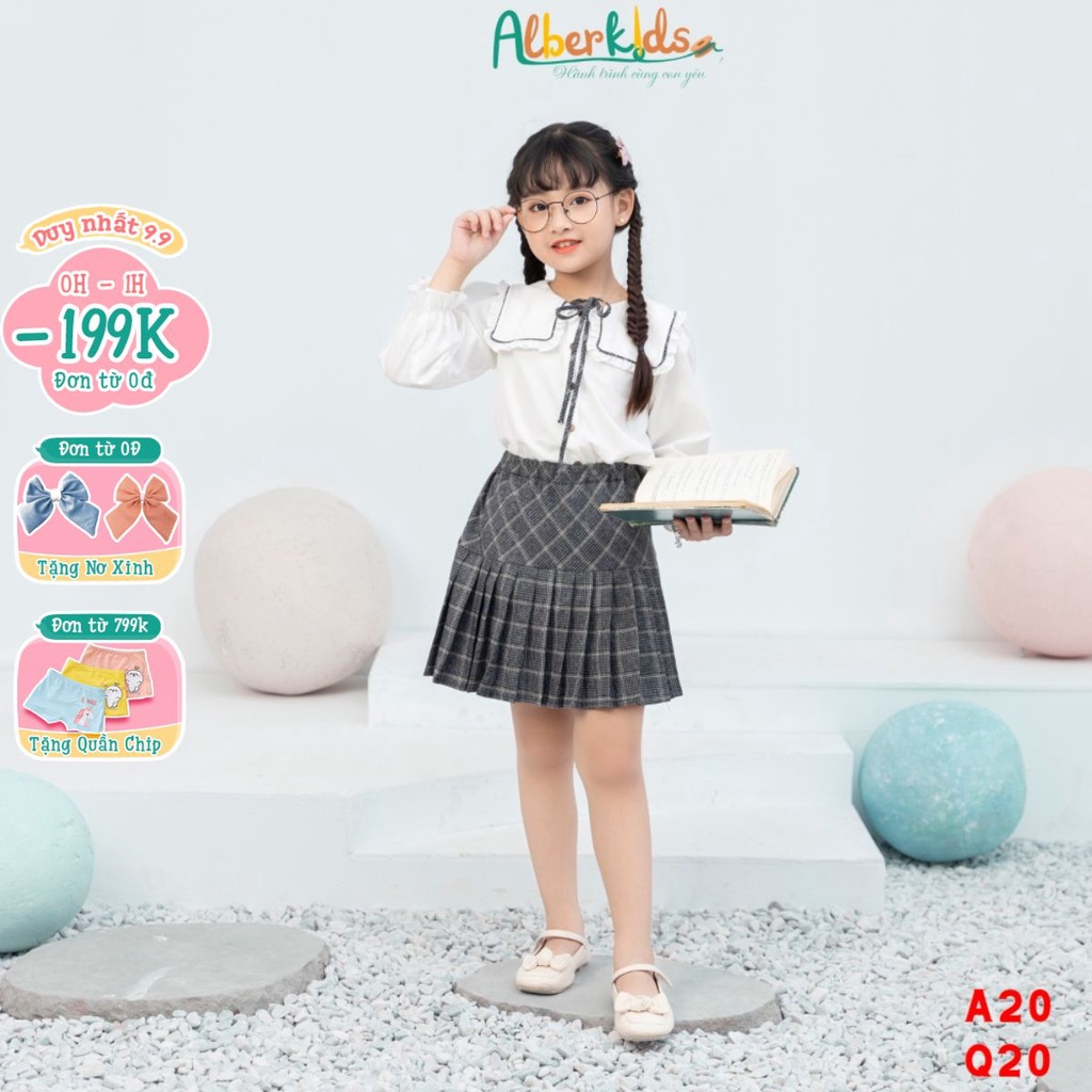 Sét đồ bộ bé gái ALBER áo sơ mi nơ chân váy kẻ caro cho bé gái 5,6,7,8,9,10,11,12 tuổi [A20, Q20]
