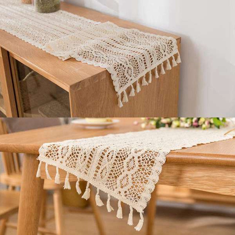 Khăn trải giữa bàn móc ren màu kem Macrame trang trí bàn đám cưới