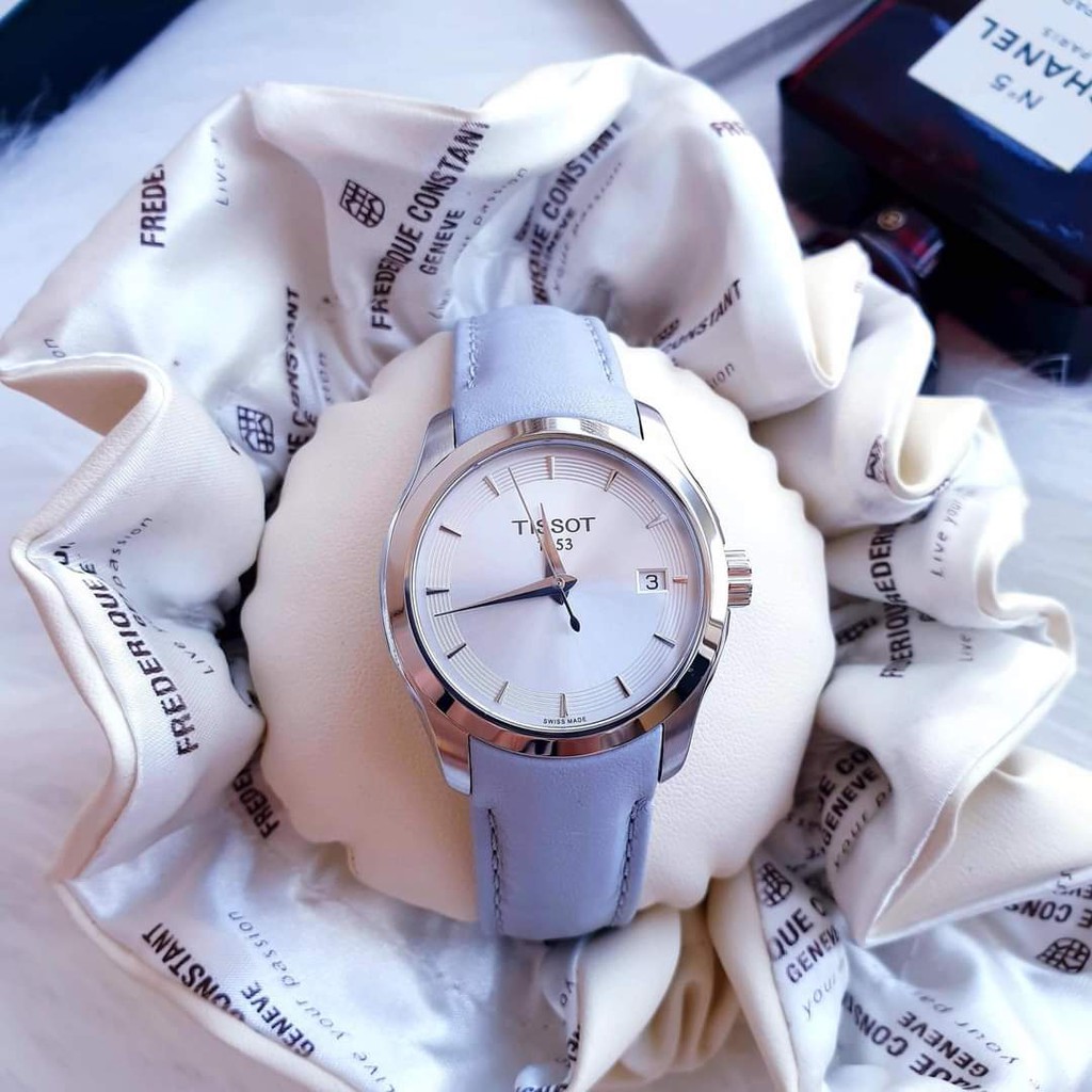 Đồng hồ Nữ chính hãng Tissot 1853 Couturier T035.210.16.031.02 Size 32,Mặt trắng,Lịch ngày-Máy Pin Quartz-Dây da xanh
