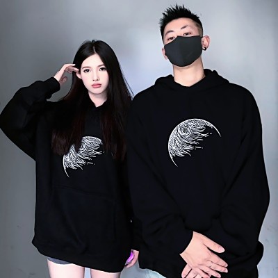Áo Hoodie Tay Dài Dáng Rộng Màu Đen In Họa Tiết Phong Cách Mỹ
