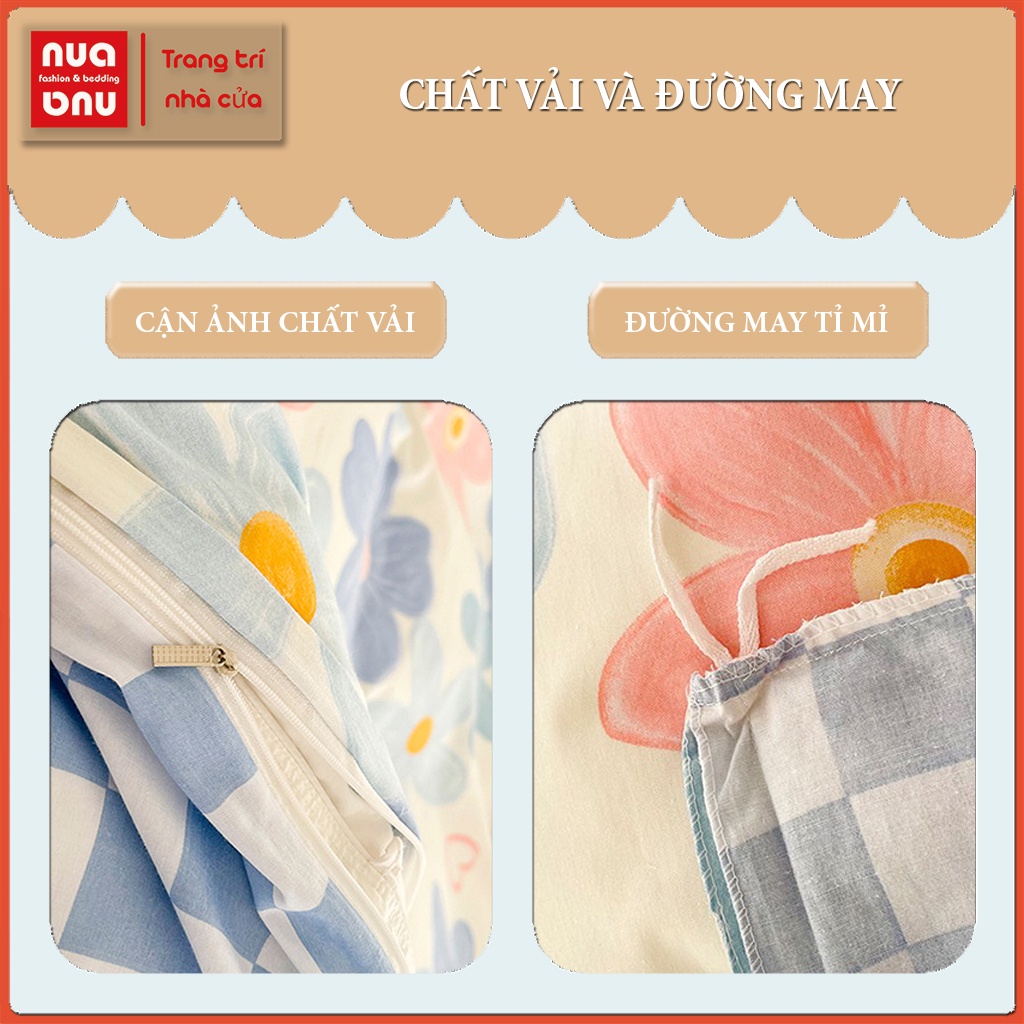 Bộ vỏ chăn ga gối cotton ga giường caro cute hoa lá chất poly mịn mát bọc đệm nệm lồng ruột chăn trang trí giường ngủ