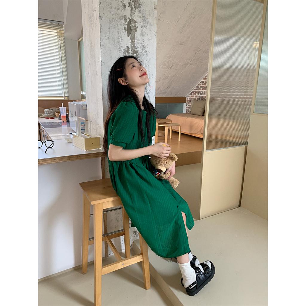 𝗺𝗶𝗲 𝘀𝘁𝘂𝗱𝗶𝗼 - Đầm xanh đậm tay ngắn dáng babydoll cổ tròn dáng freesize