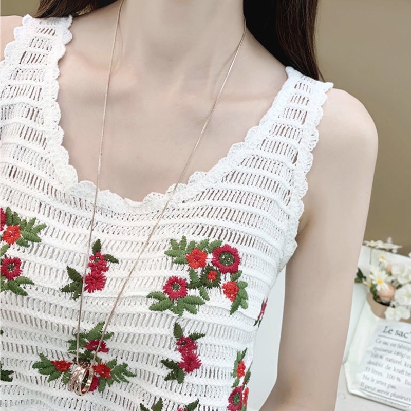Áo Croptop Dệt Kim Không Tay Thêu Họa Tiết Hoa Lá Phong Cách Boho Thời Trang Mùa Hè Cho Nữ