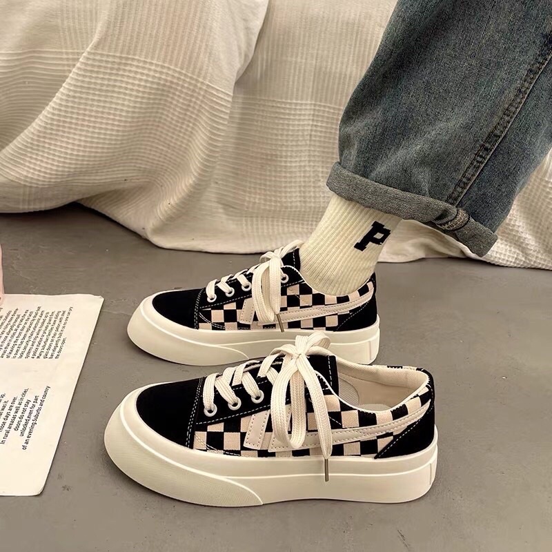 Giày Thể Thao Nam Nữ Unisex Vải Canvas Đế Độn Caro Cao Cấp 2 Màu Thời Trang, Cá Tính  Giày Mũi Viền Kẻ Basic