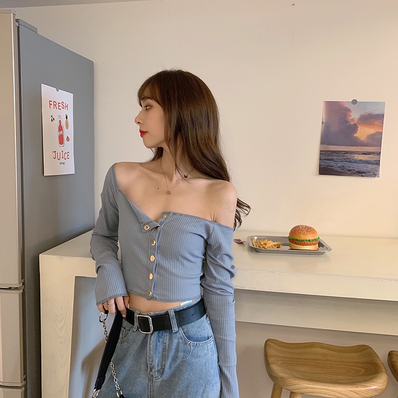 Áo dệt kim trễ vai cổ cao co giãn họa tiết kẻ sọc thời trang