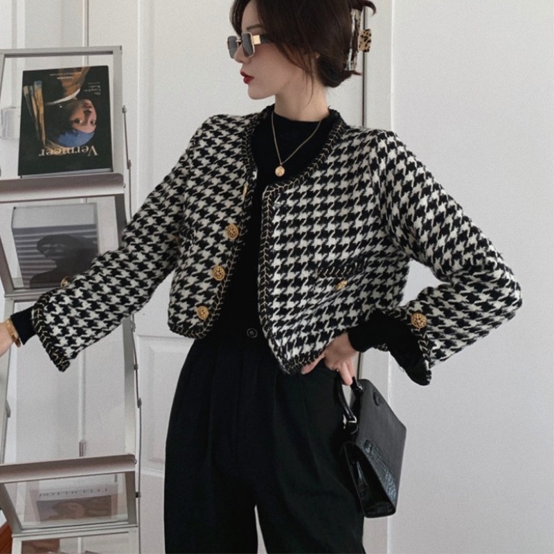 Thời Trang Áo Khoác Tweed Dáng Ngắn Màu Đen Dễ Phối Đồ Cho Nữ