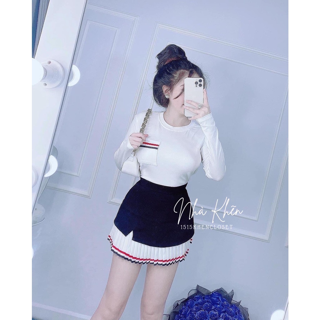 Set áo trắng tay dài váy xếp li
