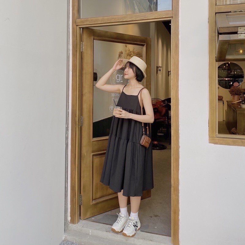 Váy 2 dây nữ babydoll, đầm 2 dây nữ dáng suông chất đũi nhăn trơn basic màu đen, trắng, be, freeship, sale | BigBuy360 - bigbuy360.vn