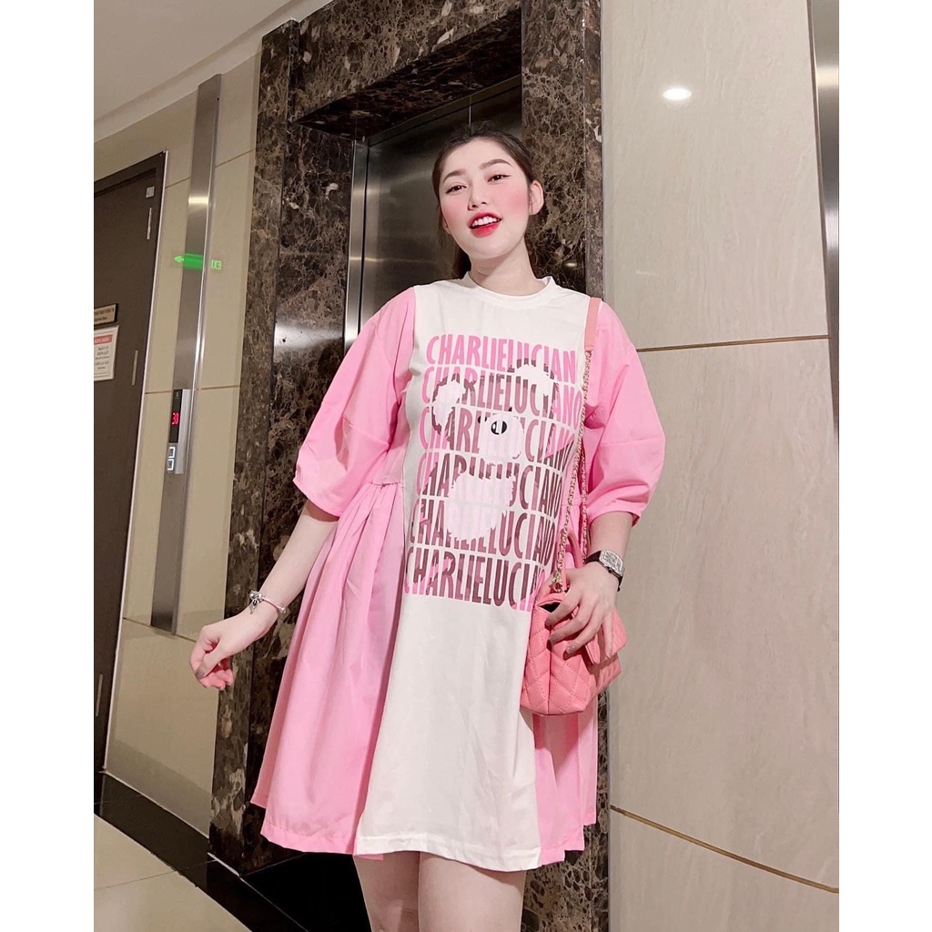 Đầm váy nữ babydoll hồng in chữ siêu siêu hot