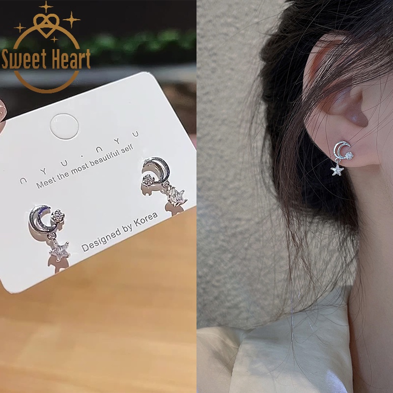 Đôi Bông Tai Mạ Bạc 925 Hình Trăng Sao Đính Đá Xinh Xắn Cho Nữ