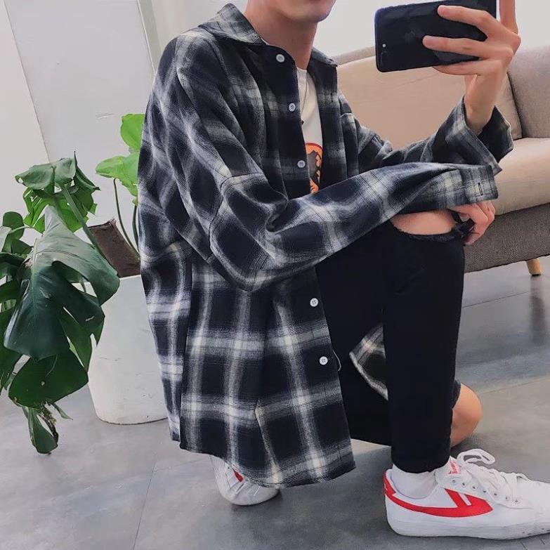 Áo sơ mi nam nữ form rộng sọc kẻ caro dài tay Unisex basic cotton kiểu màu xanh và đỏ