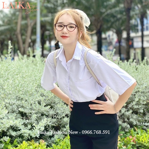 Áo sơ mi trắng đi học form rộng tay lỡ có túi cổ bẻ V kiểu áo sơ mi học sinh rộng tay ngắn màu trắng xanh đi học vải mát