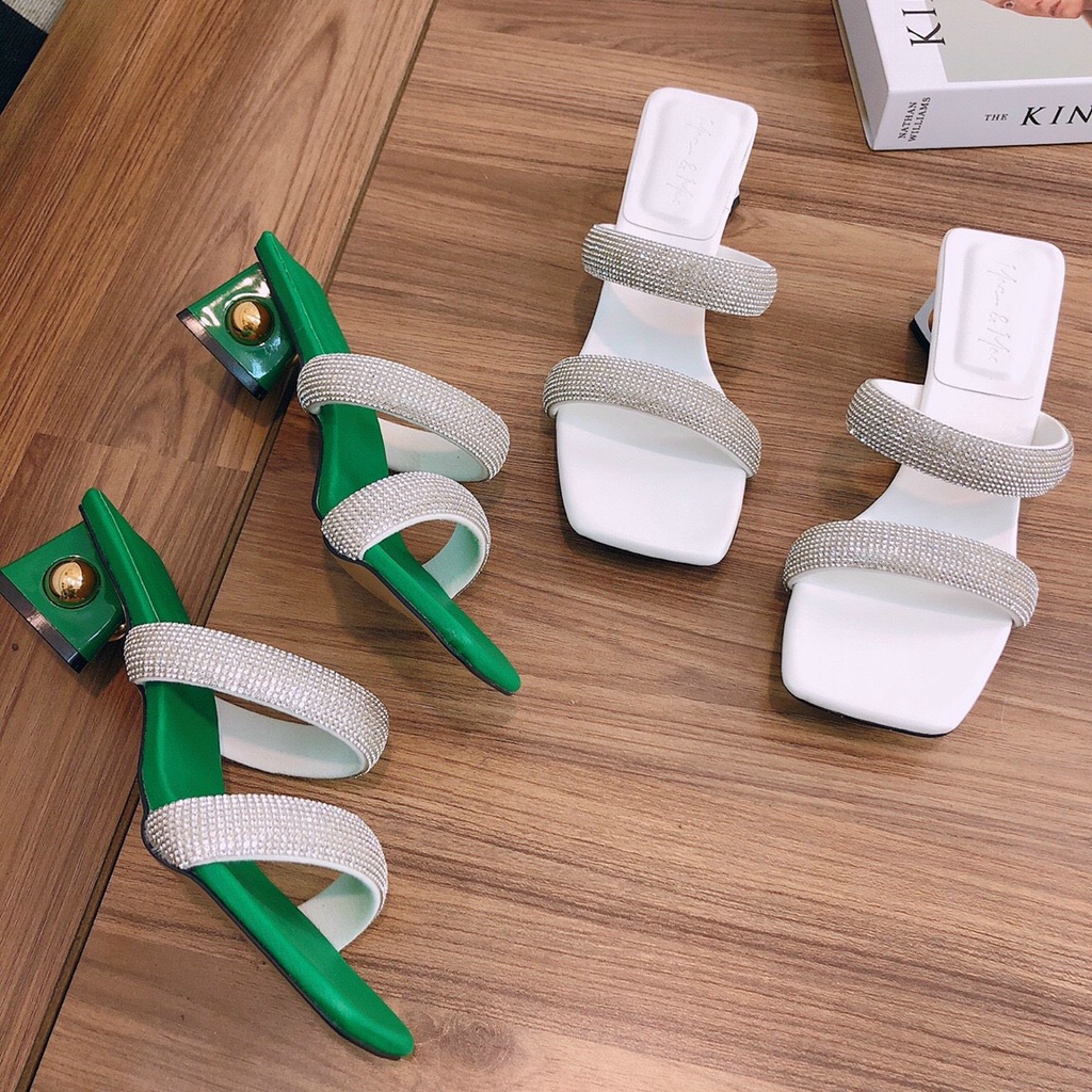 Dép cao gót guốc nữ 3p bản dây đôi xoàn đính đá góc tam giác đính ngọc siêu sang - Chị Chảnh Store